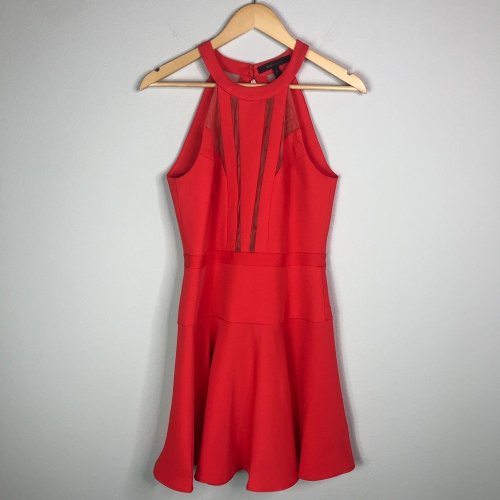 BCBGMaxazria Red Fit and Flare Mesh Halter Dress - Picture 4 of 8